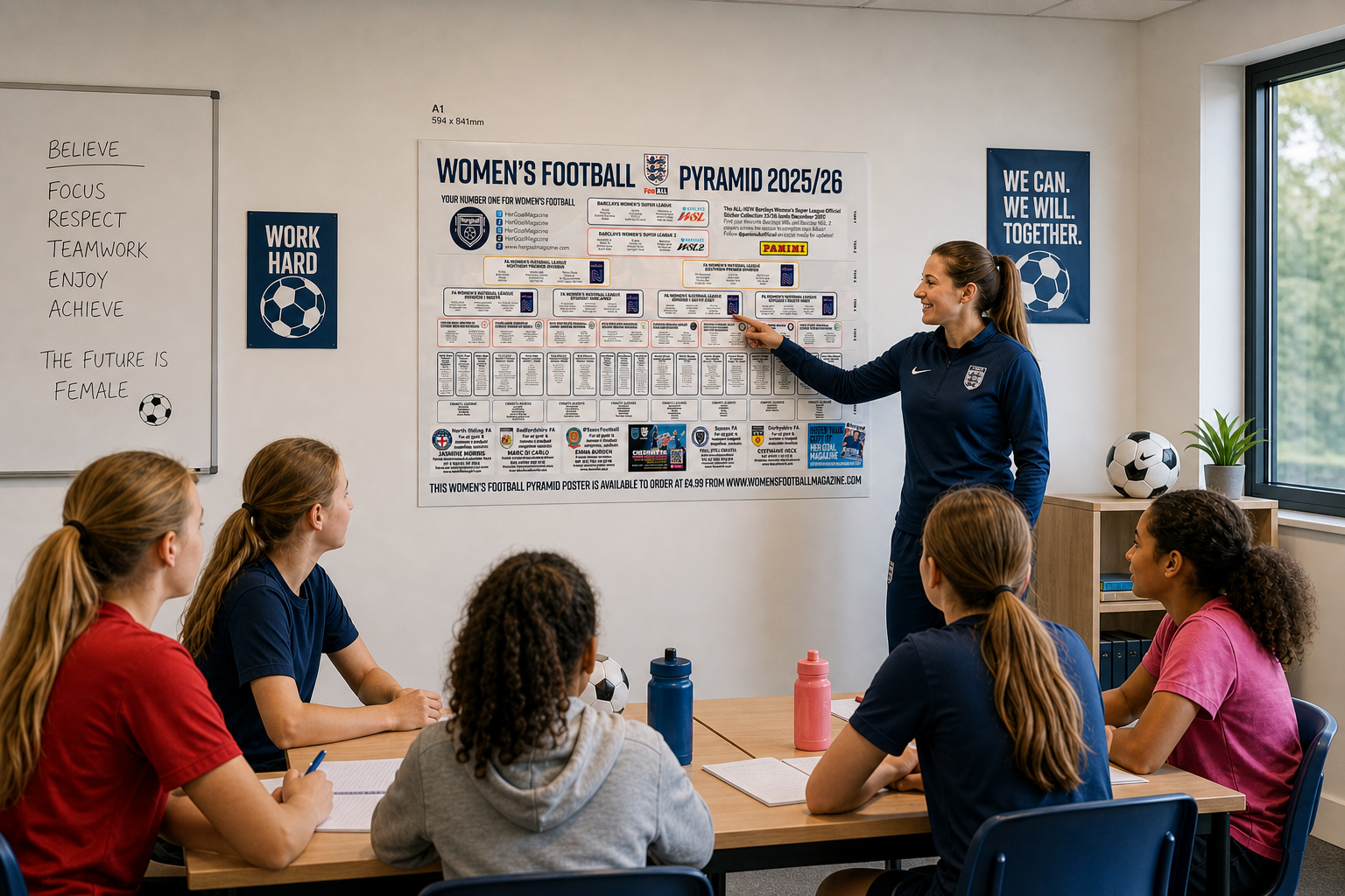 Womens football pyramid poster displayed on wall in football club dressing room for player education
