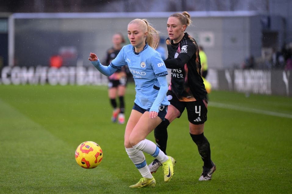 Manchester City v Leicester City   Barclays Womens Super League MANCHESTER ENGLAND   DECEMBER Laura Blindkilde of Manchester City Women runs with the ball during the Barclays Womens Super League match between Manchester City and Leicester City at Joie Stadium on December 08 2024 in Manchester England Photo by Ben Roberts PhotoGetty Images