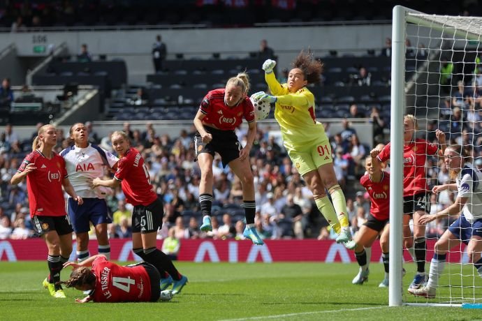 Phallon Tullis Joyce 91 Manchester United catches the ball during a corner kick during the Womens Super League match between Tottenham Hotspur and Manchester United
