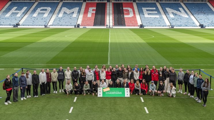 Sport broadcaster Eilidh Barbour with Stirling Albion Girls East Fife GWFC Holytown Colts and Murieston United at Hampden Park for the ScottishPower Mega Game of Two Halves featuring a STEM careers session and football with Stirling Albion crowned 2026 champions