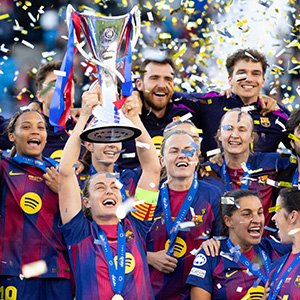 Barcelona players celebrate winning the 2026 UEFA Women's Champions League final.