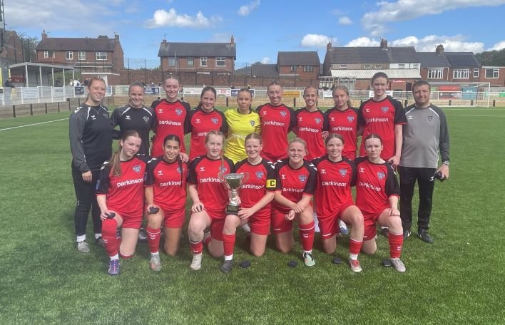 Durham Cestria Reserves celebrate after winning the Durham Women's Premier Division League Cup.