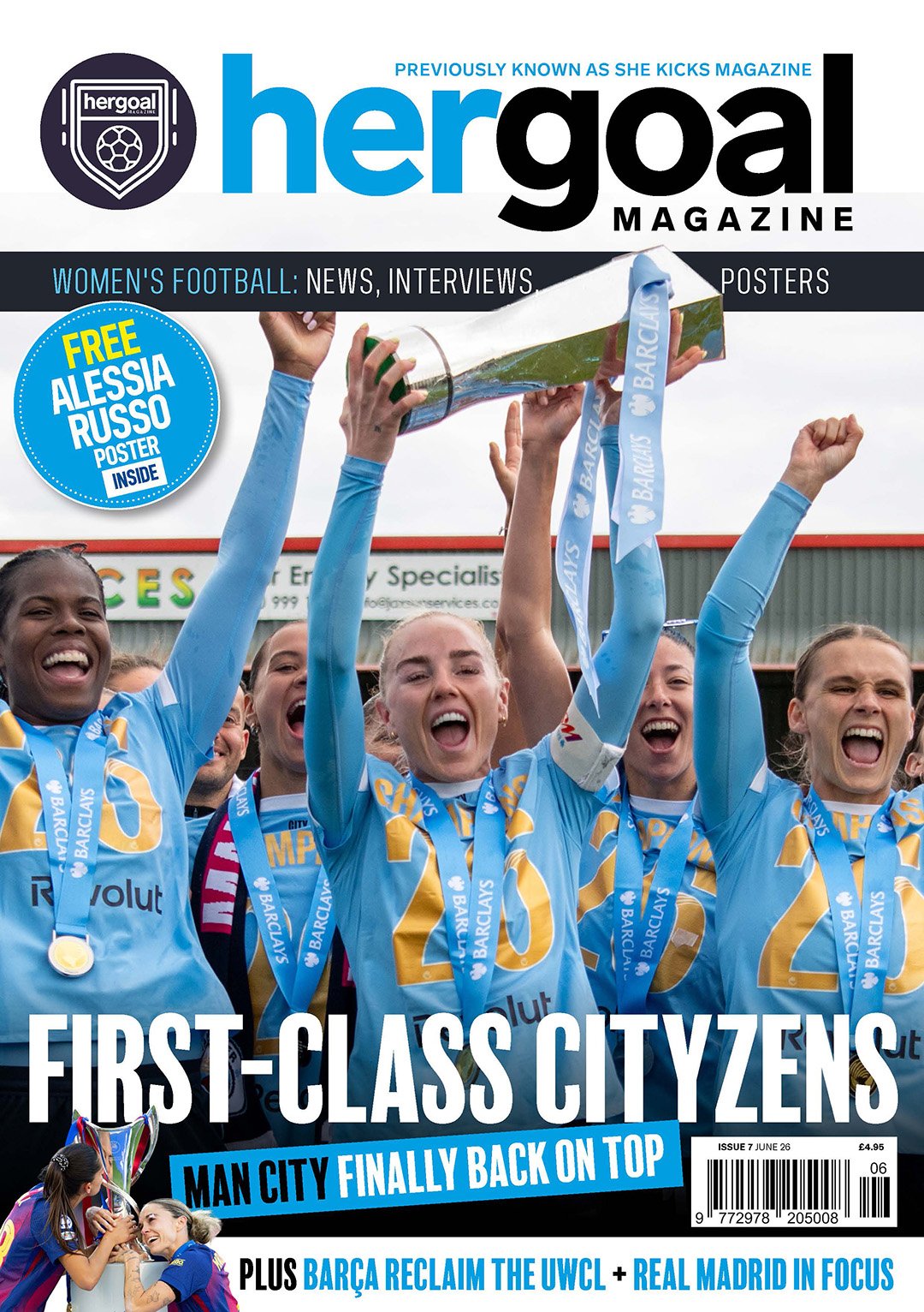 womensfootballmagazinecom Magazine cover celebrating womens football team with trophy headline FIRST CLASS CITYZENS blue sticker for a free Alessia Russo poster