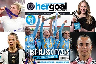 Her Goal Magazine Issue 7 cover showcasing Manchester Citys WSL success Alessia Russo poster Hannah Hampton Melanie Leupolz Millie Bright and Rikke Sevecke