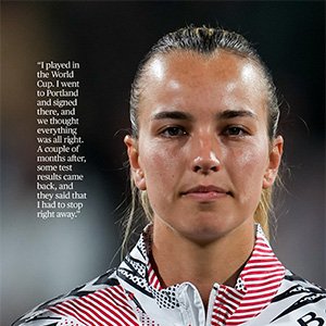 Close up portrait of a focused female athlete in a striped jacket with a World Cup related quote appearing on the left