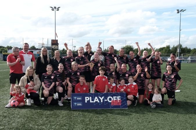Edinburgh South CFC Women v Giffnock SC Women Barclays Scottish Womens Football League One Playoff at Ochilview Stenhousemuir Scotland on 31 May 2026 Pictured Play off winners Edinburgh South CFC Women