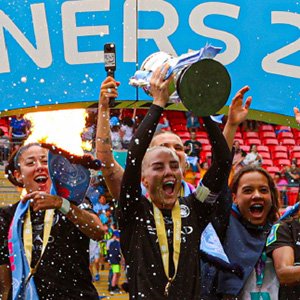 Manchester City celebrate winning the Women's FA Cup in Her Goal Magazine Issue 8