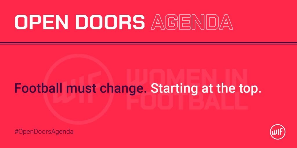 Open Doors Agenda 2x1 2026 womensfootballmagazinecom Open Doors Agenda banner slogan'Football must change. Starting at the top.' with #OpenDoorsAgenda and watermark 'Women in Football' on a red background.