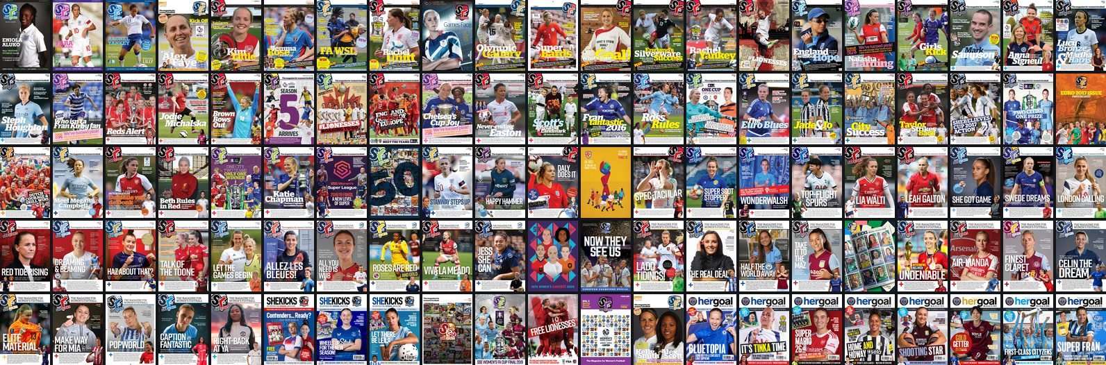 Covers of every issue of She Kicks and Her Goal magazine, 2009 to 2026