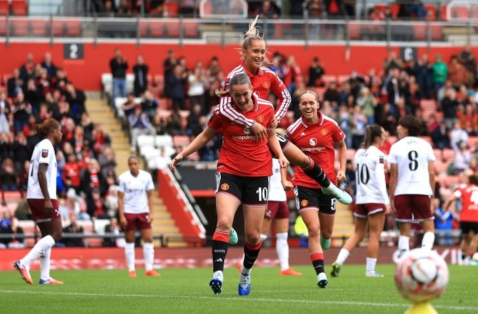 manchesterunitedvwesthamunitedbarclayswomenssuperleague202627 womensfootballmagazinecom Elisabeth Terland of Manchester United celebrates scoring her teams first goal with teammate Andrea Medina Photo by Jess HornbyGetty Images