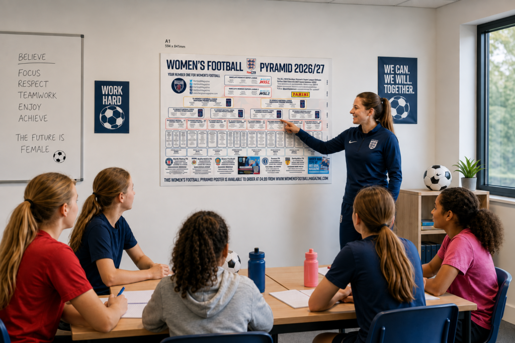 wfpp2627classroom womensfootballmagazinecom Womens football pyramid poster 202627 displayed on wall in football club dressing room for player education