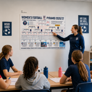 Women’s football pyramid poster displayed on wall in football club dressing room for player education