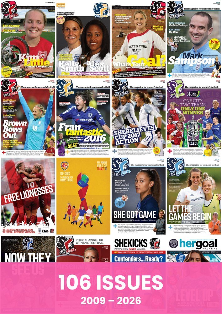 Mosaic of She Kicks and Her Goal covers, 106 issues 2009 to 2026