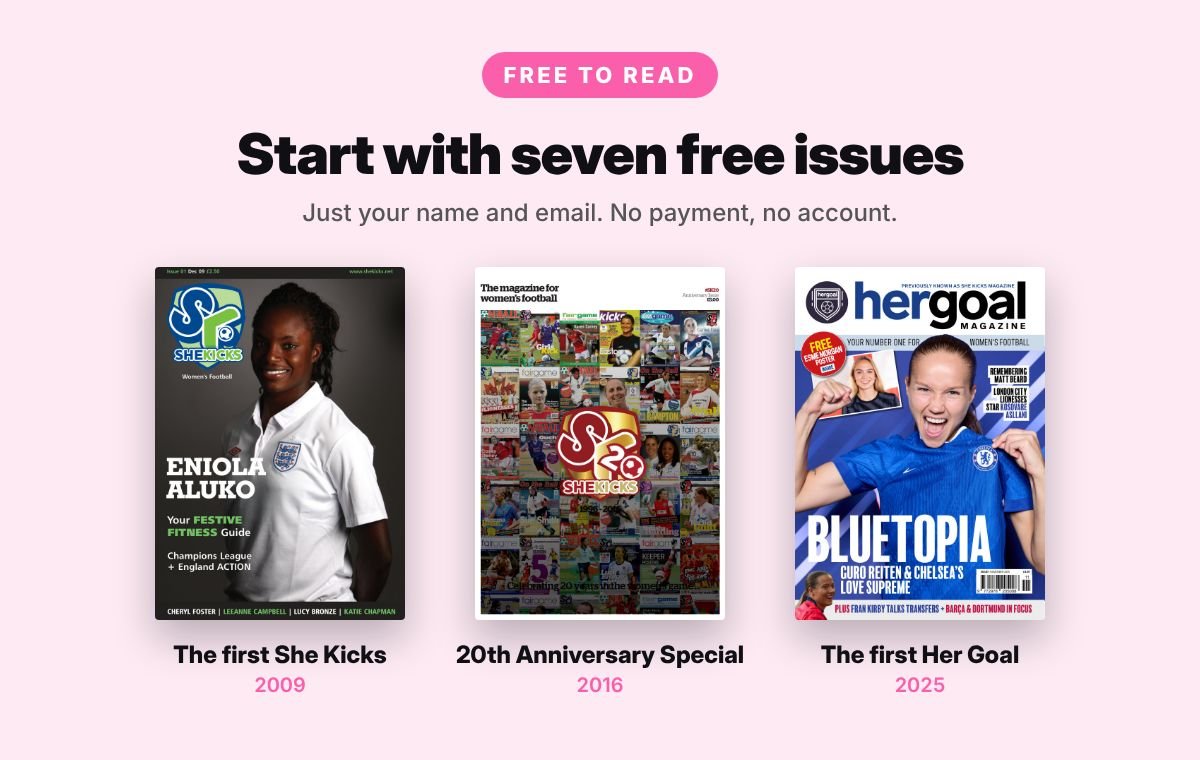 Womens Football Archive free issues womensfootballmagazinecom Covers of three free issues the first She Kicks from 2009 featuring Eniola Aluko the She Kicks 20th Anniversary Special from 2016 and the first Her Goal from 2025
