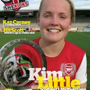 sk05jpg womensfootballmagazinecom Close up of Kim Little in a red Arsenal shirt on a football pitch smiling while holding a large silver trophy magazine cover text includes Kim Little and Scotlands Midfield Gem