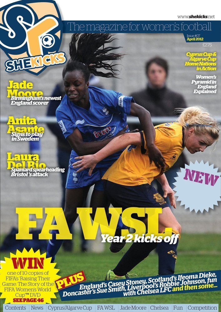 sk07jpg womensfootballmagazinecom Cover of SheKicks magazine featuring two female footballers in action headline reads FA WSL Year 2 kicks off with bright yellow typography