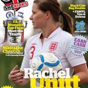sk08jpg womensfootballmagazinecom Rachel Unitt in a white England jersey holding a soccer ball on the cover of SheKicks magazine MayJune 2012 womens football