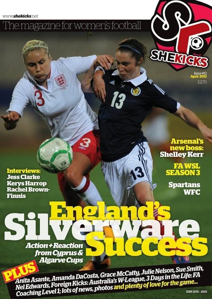 sk13jpg womensfootballmagazinecom Cover of SheKicks magazine two womens football players contesting the ball England in white vs Scotland in dark kit main headline Englands Silverware Success