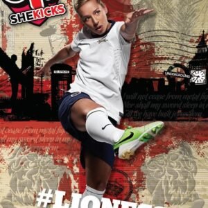 sk15jpg womensfootballmagazinecom Magazine cover for She Kicks featuring a female footballer in white kit mid kick with LIONESSES foreground and UEFA Womens EURO 2013 branding