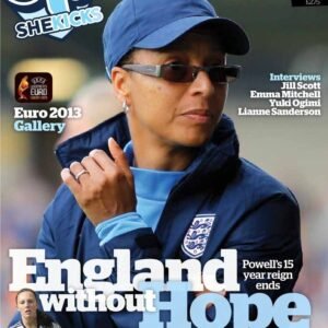 Cover of SheKicks magazine featuring an England womens football player in blue kit with the bold headline England without Hope