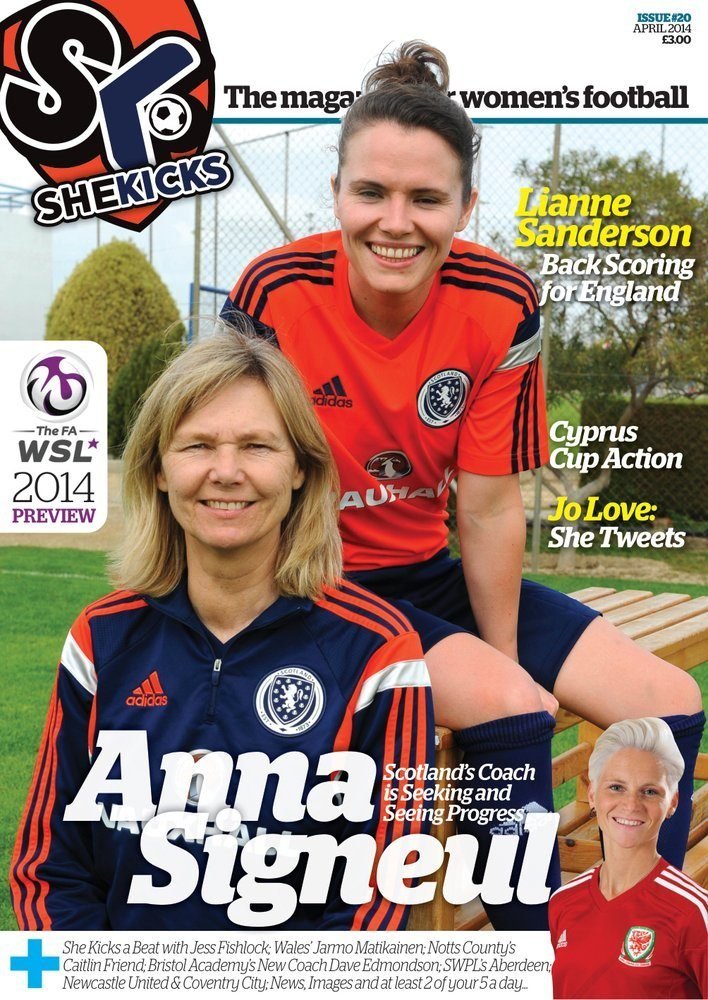 sk20jpg womensfootballmagazinecom Cover of SheKicks magazine featuring Scotland womens football coach Anna Signeul with players in blue training kits on a football field magazine title visible on top left and headlines around the image