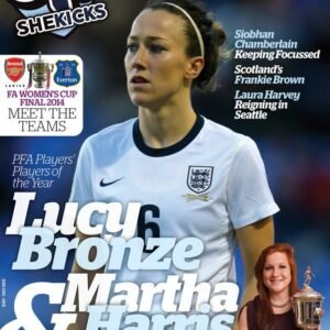 sk21jpg womensfootballmagazinecom Magazine cover for womens football featuring Lucy Bronze in England kit bold white headline Lucy Bronze Martha Harms across the lower left a smaller photo of a woman holding a trophy in the bottom right