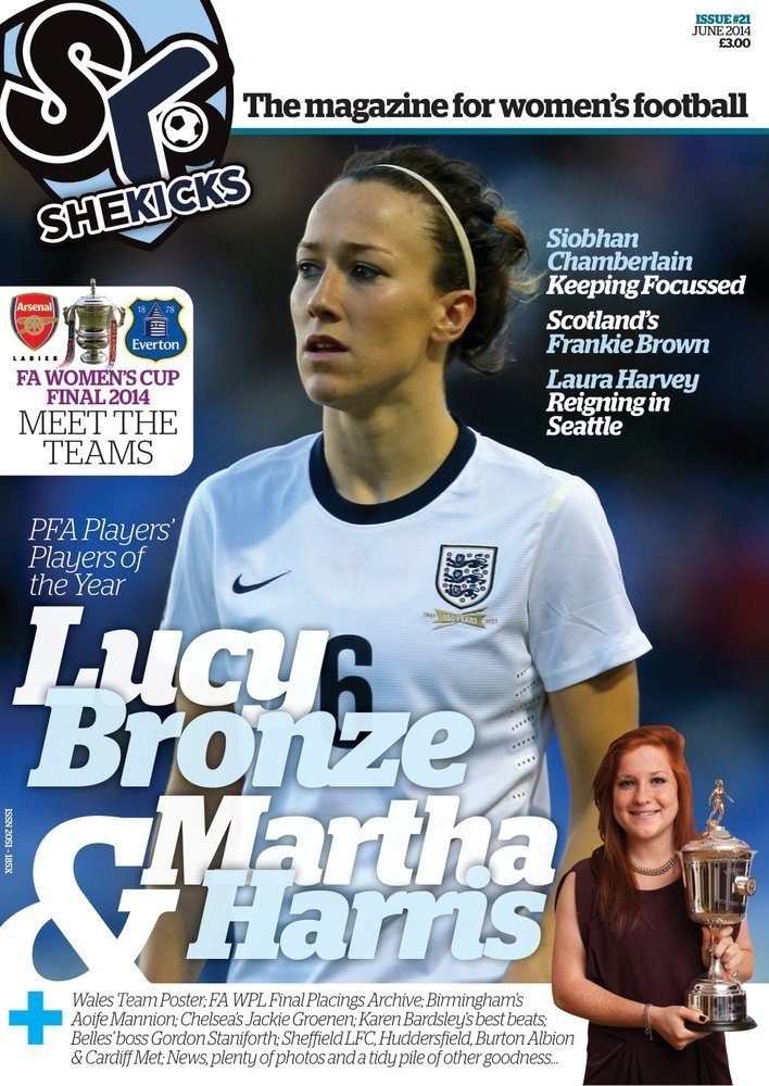 sk21jpg womensfootballmagazinecom Magazine cover for womens football featuring Lucy Bronze in England kit bold white headline Lucy Bronze Martha Harms across the lower left a smaller photo of a woman holding a trophy in the bottom right
