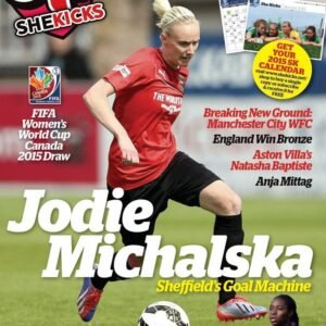 Cover of a womens football magazine featuring a female player in a red jersey dribbling a ball on a green field bold white headline on the lower left