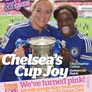Two Chelsea women football players celebrate with a large trophy at a stadium on the cover Cup Joy celebration