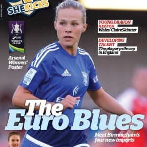 sk36jpg womensfootballmagazinecom Front cover of a womens football magazine showing a female player in a blue kit running bold title The Euro Blues across the foreground and a small inset image of another player in yellow bottom left