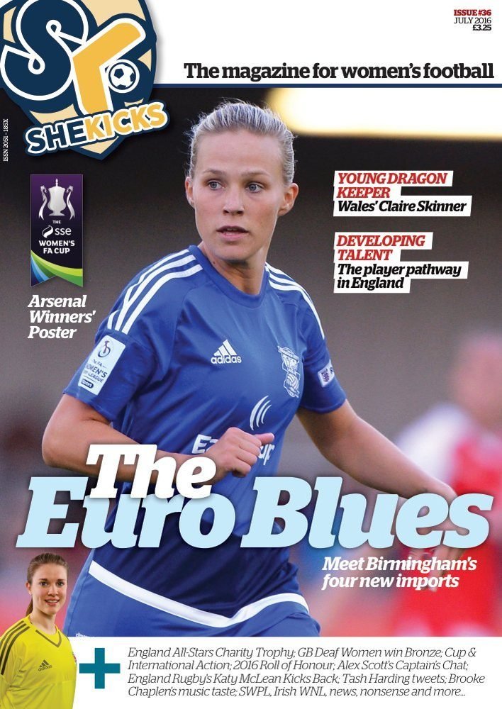 sk36jpg womensfootballmagazinecom Front cover of a womens football magazine showing a female player in a blue kit running bold title The Euro Blues across the foreground and a small inset image of another player in yellow bottom left