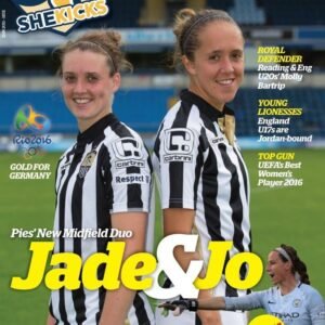 Front cover of SheKicks magazine featuring two female football players in black and white striped kits on a stadium pitch with a bold Jade  Jo headline in yellow
