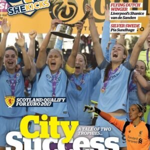 sk38jpg womensfootballmagazinecom Cover of a womens football magazine showing players in blue celebrate with a trophy bold yellow City Success headline foreground and The magazine for womens football banner at top