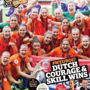 Group of female soccer players in orange kits celebrate with a trophy on a field magazine cover reads The magazine for womens football and WEURO17 DUTCH COURAGE  SKILL WINS