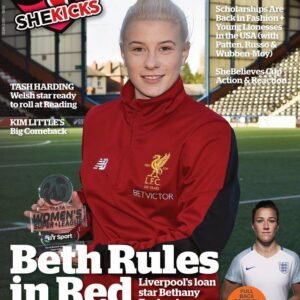 sk46jpg womensfootballmagazinecom SheKicks magazine cover featuring Bethany England in a red Liverpool jacket holding a Womens Super League trophy with the headline Beth Rules in Red