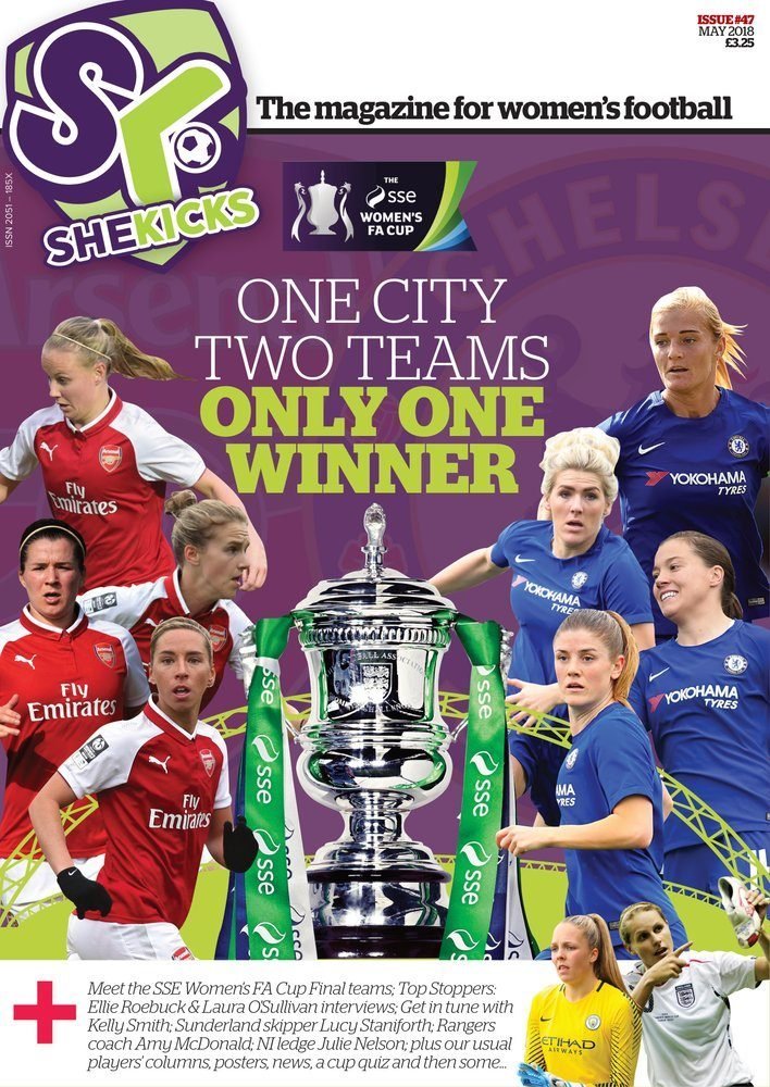 sk47jpg womensfootballmagazinecom Magazine cover for She Kicks showing Arsenal and Chelsea women players around a silver FA Cup trophy with the headline One City Two Teams Only One Winner
