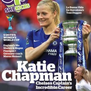 sk48jpg womensfootballmagazinecom Chelsea captain Katie Chapman in a Chelsea kit holding a trophy on a SheKicks magazine cover with the headline Katie Chapman Chelsea Captains Incredible Career