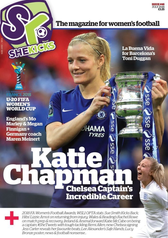 sk48jpg womensfootballmagazinecom Chelsea captain Katie Chapman in a Chelsea kit holding a trophy on a SheKicks magazine cover with the headline Katie Chapman Chelsea Captains Incredible Career