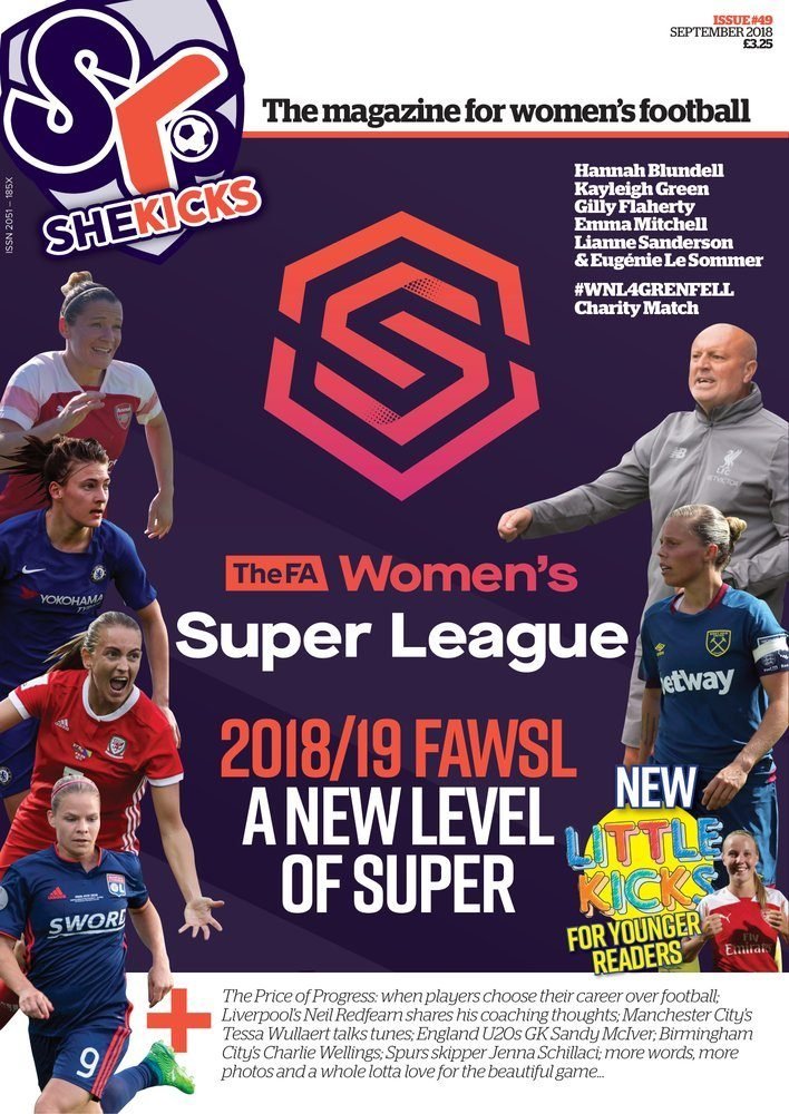 sk49jpg womensfootballmagazinecom Front cover of SheKicks magazine announcing The FA Womens Super League 201819 with action photos of female players and coach around a dark purple background and the headline A NEW LEVEL OF SUPER