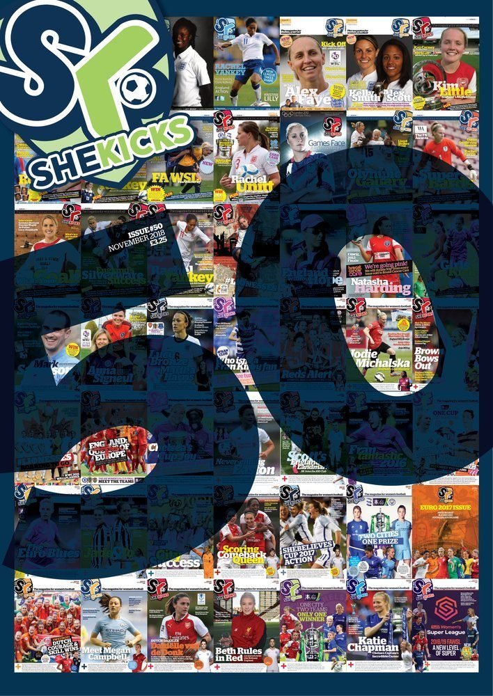 sk50jpg womensfootballmagazinecom Collage of She Kicks magazine covers forming a large 50 with the She Kicks logo in the top left corner celebrating issue 50