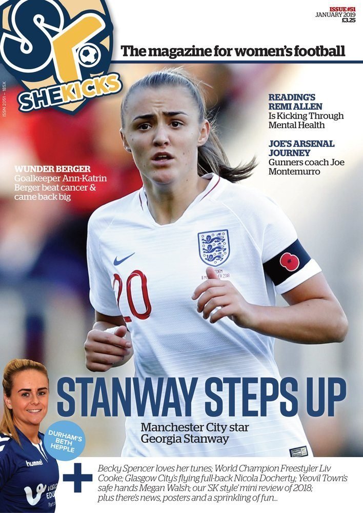 sk51jpg womensfootballmagazinecom Front cover of a womens football magazine featuring Georgia Stanway in a white England shirt with the bold headline STANWAY STEPS UP