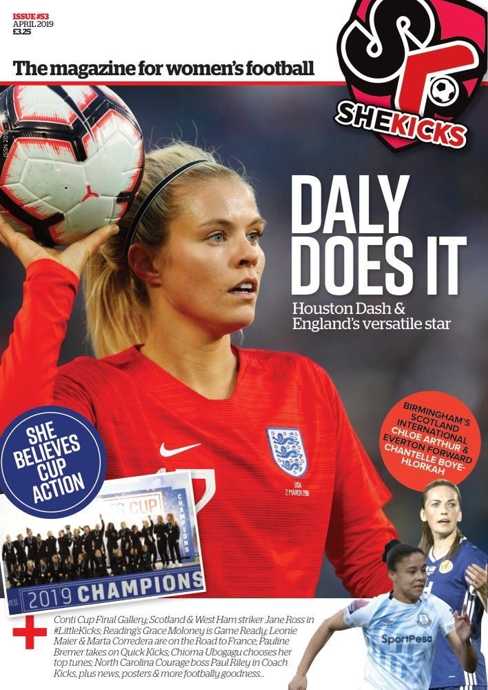 sk53jpg womensfootballmagazinecom Cover of SheKicks magazine featuring England forward in red jersey holding a ball with bold headline DALY DOES IT and The magazine for womens football at the top includes badges and smaller images as teasers of articles