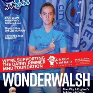 sk57jpg womensfootballmagazinecom Magazine cover showing a female footballer in a blue jersey bold WONDERWALSH headline and a red banner about the Darby Rimmer MND Foundation