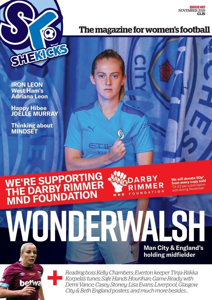 sk57jpg womensfootballmagazinecom Magazine cover showing a female footballer in a blue jersey bold WONDERWALSH headline and a red banner about the Darby Rimmer MND Foundation