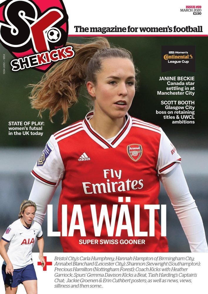 sk59jpg womensfootballmagazinecom Magazine cover for womens football featuring Lia Wälti in an Arsenal red kit large headline LIA WÄLTI with subhead SUPER SWISS GOONER inset image of Wälti in a white Spurs style kit on the lower left