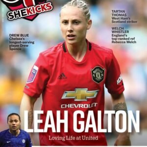 Magazine cover featuring Leah Galton in a Manchester United red jersey with a bold LEAH GALTON headline and The magazine for womens football banner at the top
