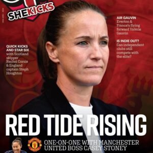 sk64jpg womensfootballmagazinecom Cover of a womens football magazine with a close up portrait of a female player bold RED TIDE RISING headline red background and a small action shot at the bottom left