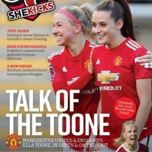 Magazine cover Two women in Manchester United red jerseys smiling with bold headline TALK OF THE TOONE and The magazine for womens football at top