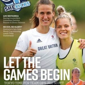Magazine cover with two smiling female football players one in a Great Britain shirt bold title LET THE GAMES BEGIN and The magazine for womens football at the top