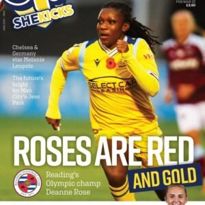 sk71jpg womensfootballmagazinecom Magazine cover for SheKicks featuring a female footballer in a yellow kit running forward bold ROSES ARE RED AND GOLD headline dominates the page